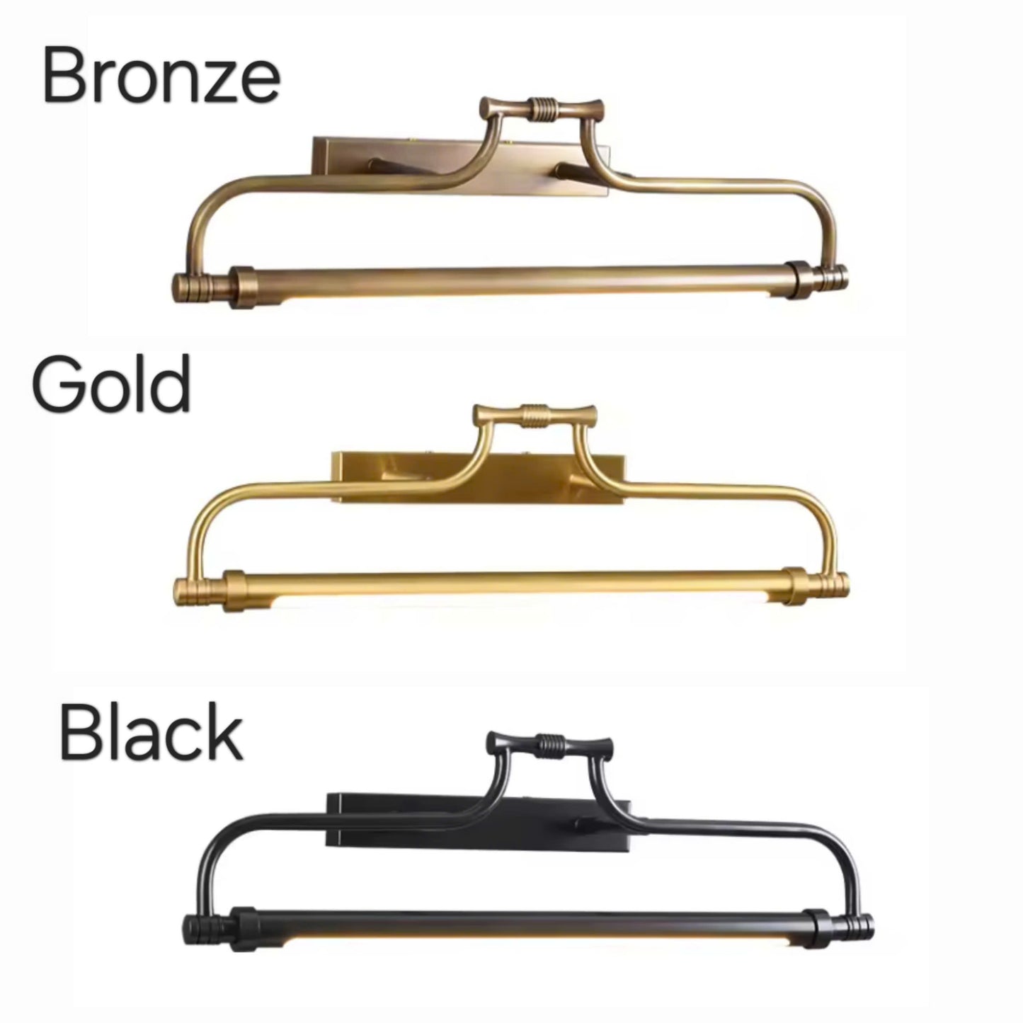 Three towel bar color options labeled Bronze, Gold, and Black on a white background.