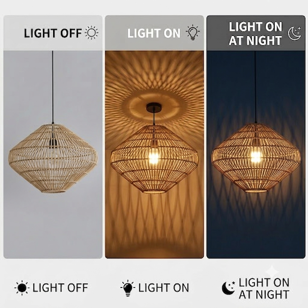 Minimalist Nordic Japandi lighting, sleek dark rattan hanging lamp for modern home interiors.
