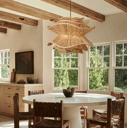 Modern Japandi style woven rattan chandelier showing intricate wave patterns and organic textures.