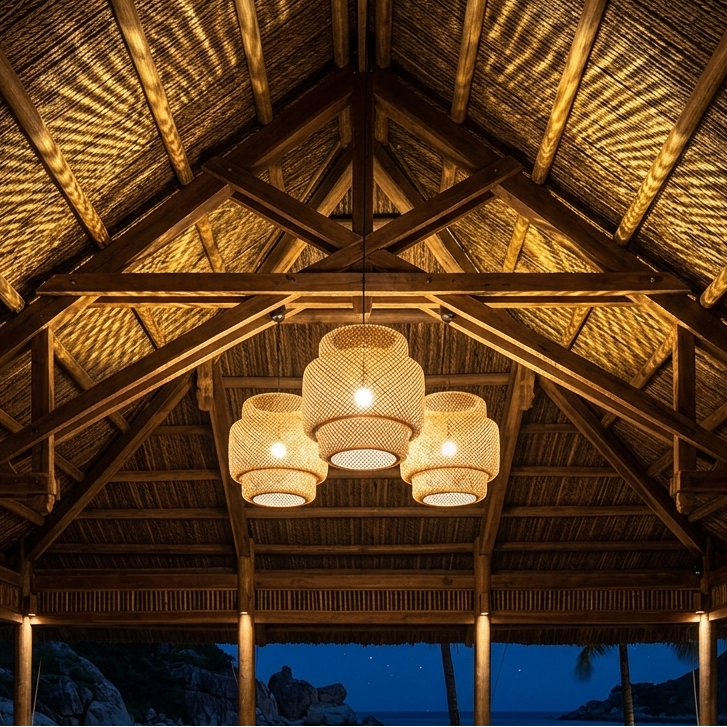Tropical resort pendant lighting, natural bamboo finish for luxurious retreats.