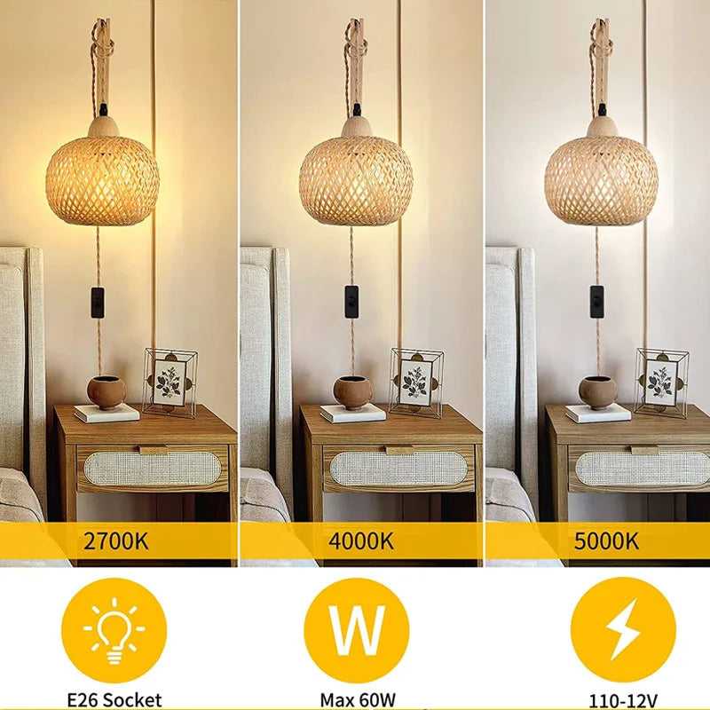 Three views of a pendant lamp with color temperature and wattage information displayed.