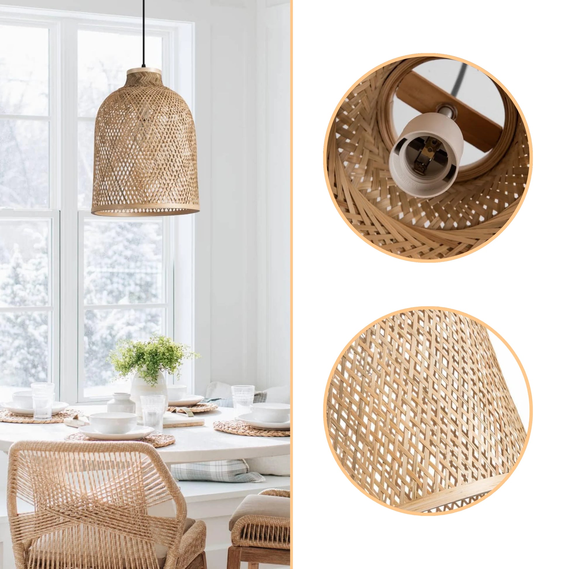 Organic bamboo weave hanging light showcasing high-quality natural texture and craftsmanship.