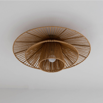 Organic hemp ceiling fixture, an earth-friendly handmade lamp for a natural, airy home aesthetic.