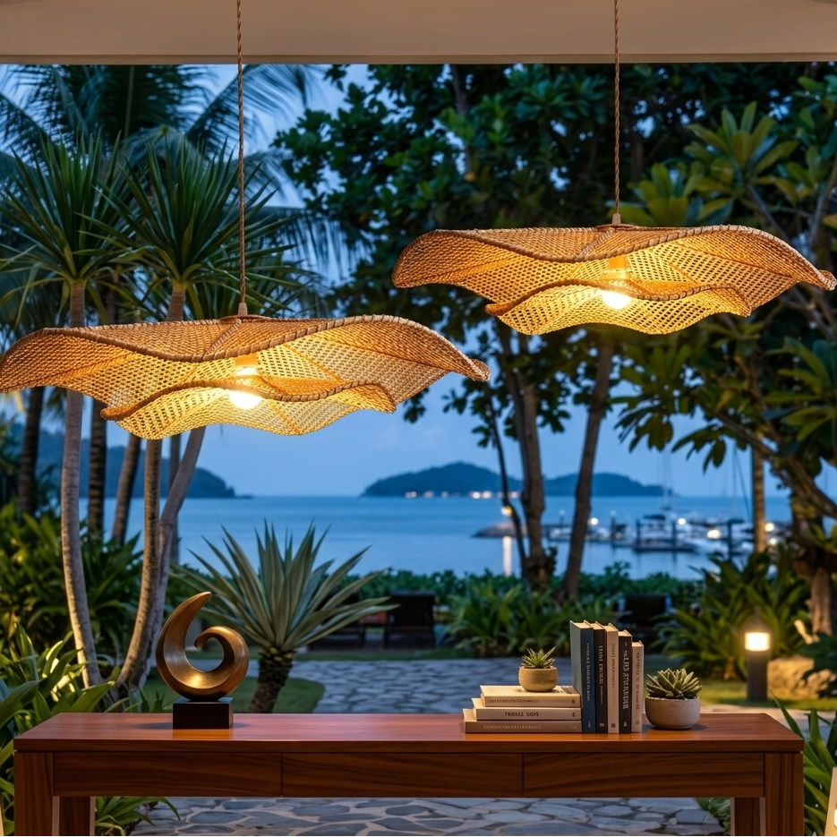 Organic Japandi-style leaf pendant for boutique resort suite interiors
