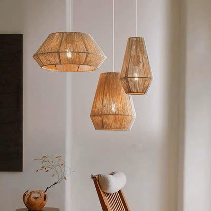 Organic jute hanging lamps providing warm, diffused lighting for a cozy and serene bedroom.