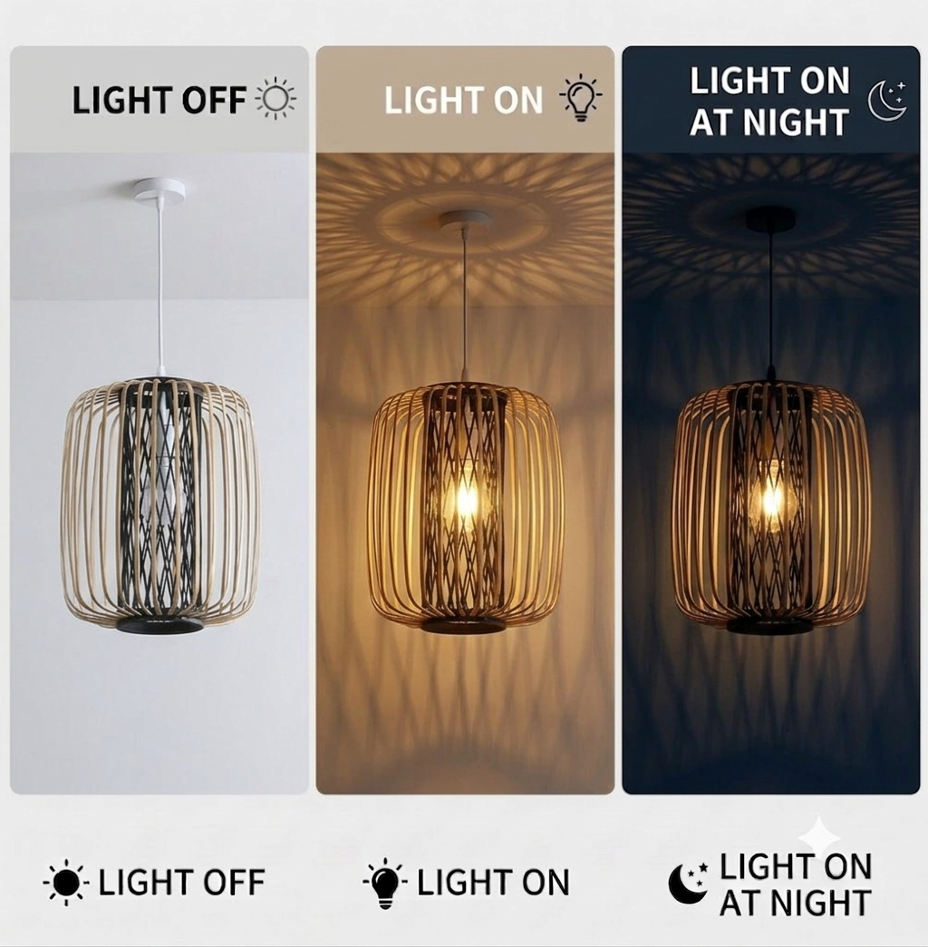 Wabi-sabi influenced bamboo light, organic modern style for sophisticated homes.