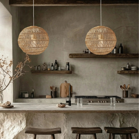 Organic textured rattan dome pendant light for kitchen island lighting