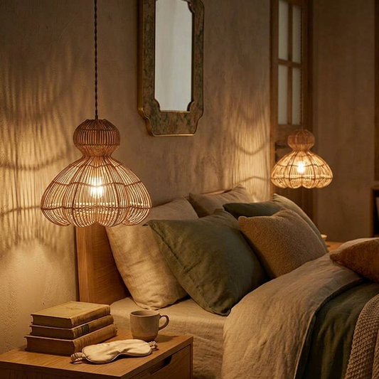 Organic rattan hanging lamp providing warm, diffused lighting for a cozy bedroom.