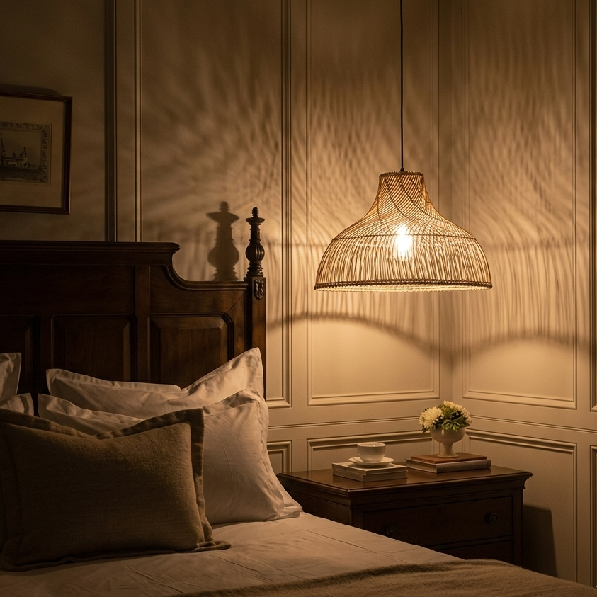 Organic rattan hanging lamp providing warm, diffused lighting for a cozy bedroom.