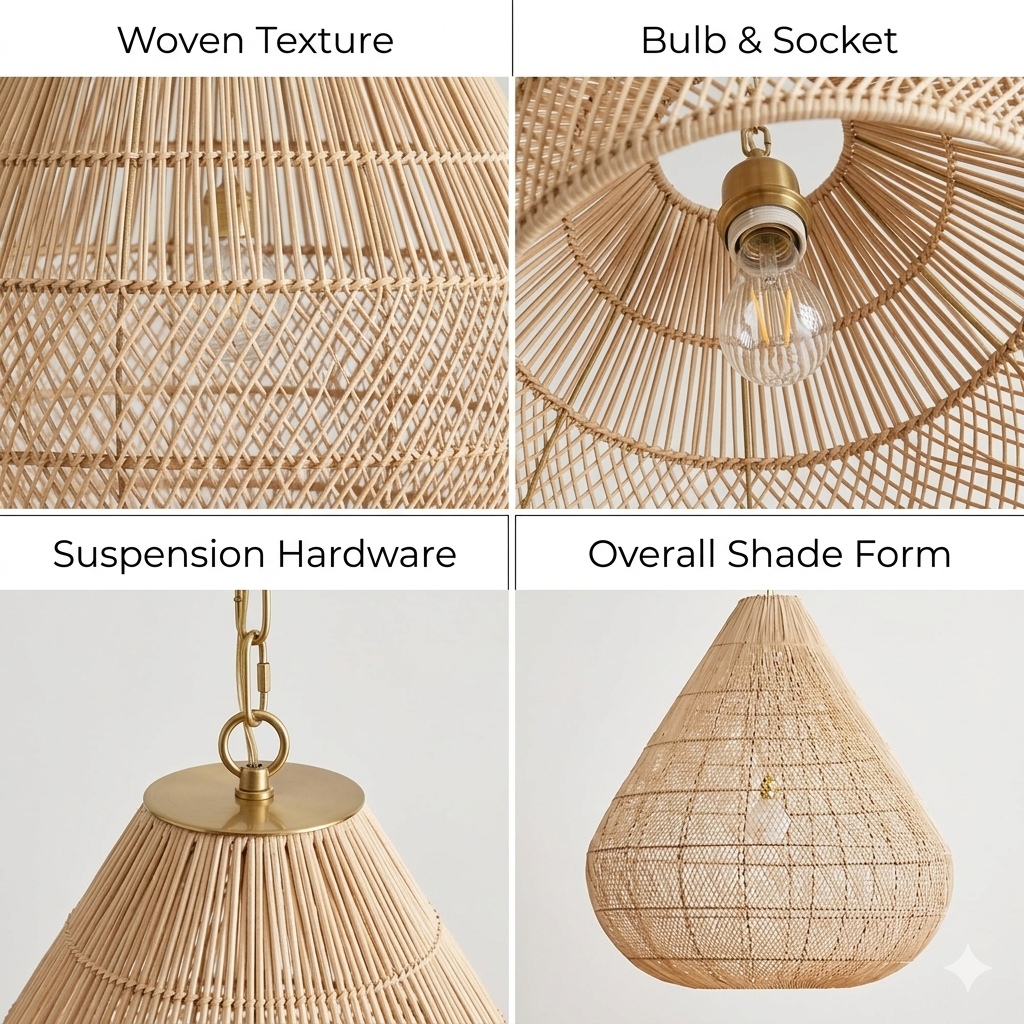 Organic rattan hanging lamp providing warm, diffused lighting for a cozy home.