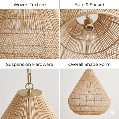 Organic rattan hanging lamp providing warm, diffused lighting for a cozy home.