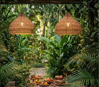 Organic rattan weave hanging light showcasing high-quality natural texture and rustic craftsmanship.