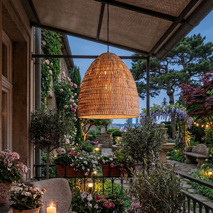 Organic style hanging light for balcony decor creating a relaxed outdoor retreat