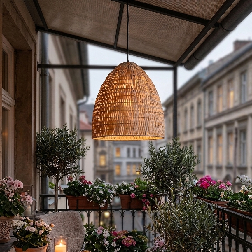 Weather-resistant bamboo patio pendant light for outdoor balcony or garden living