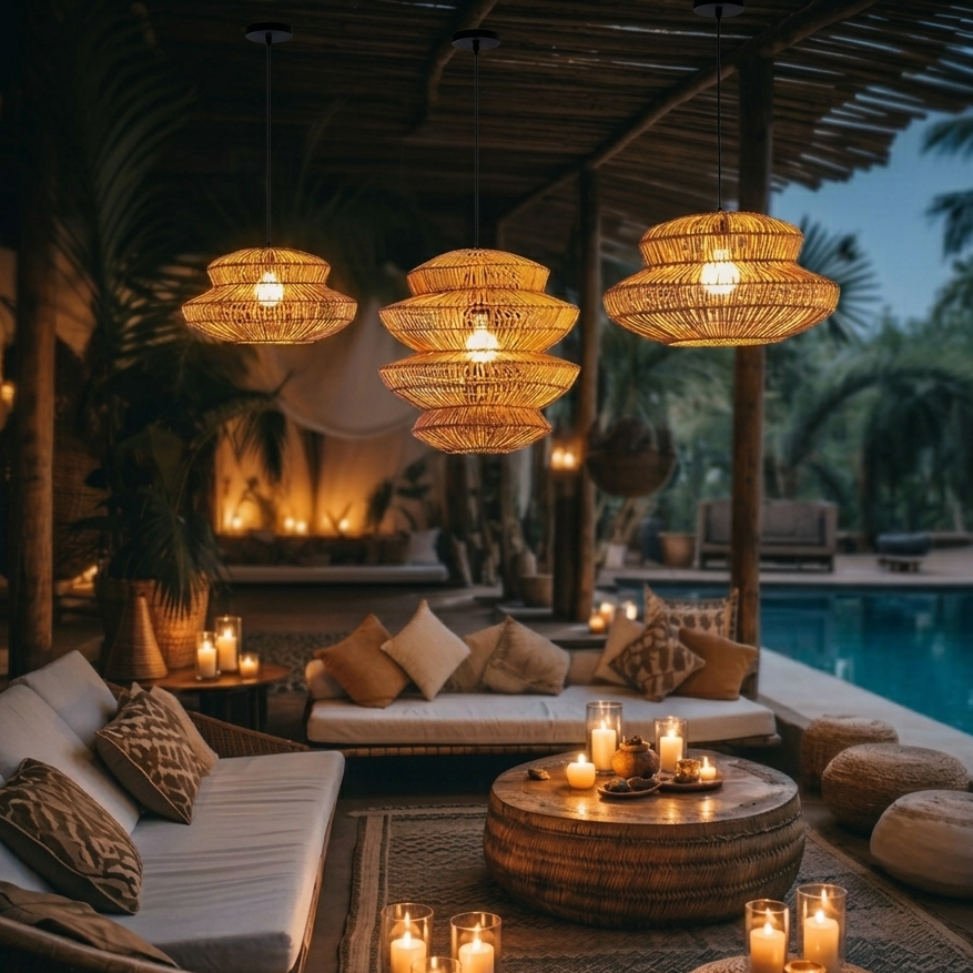 Organic tiered woven rattan light fixture enhancing the serene atmosphere of a resort villa