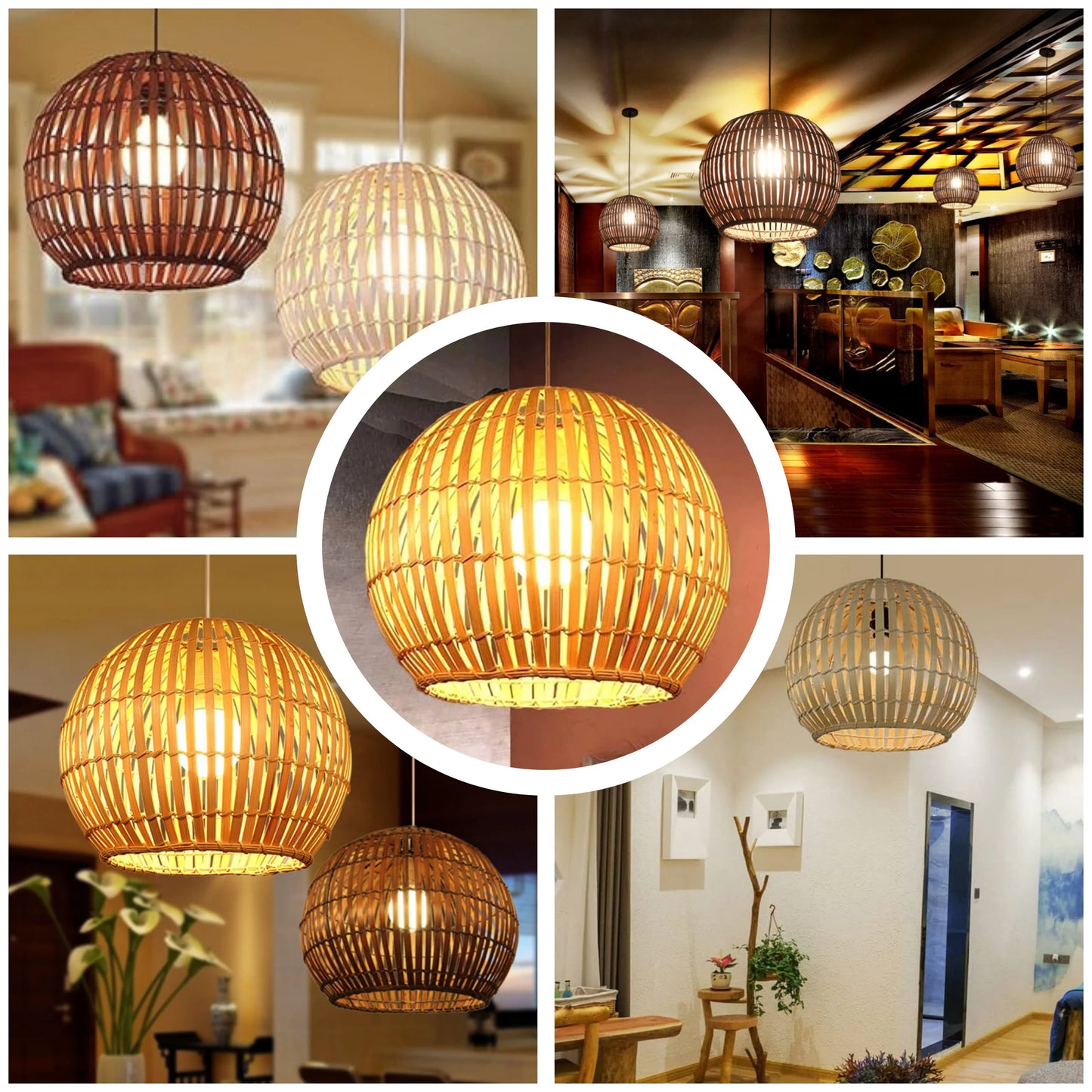 Organic woven bamboo sphere light fixture adding soft, textured lighting to any room