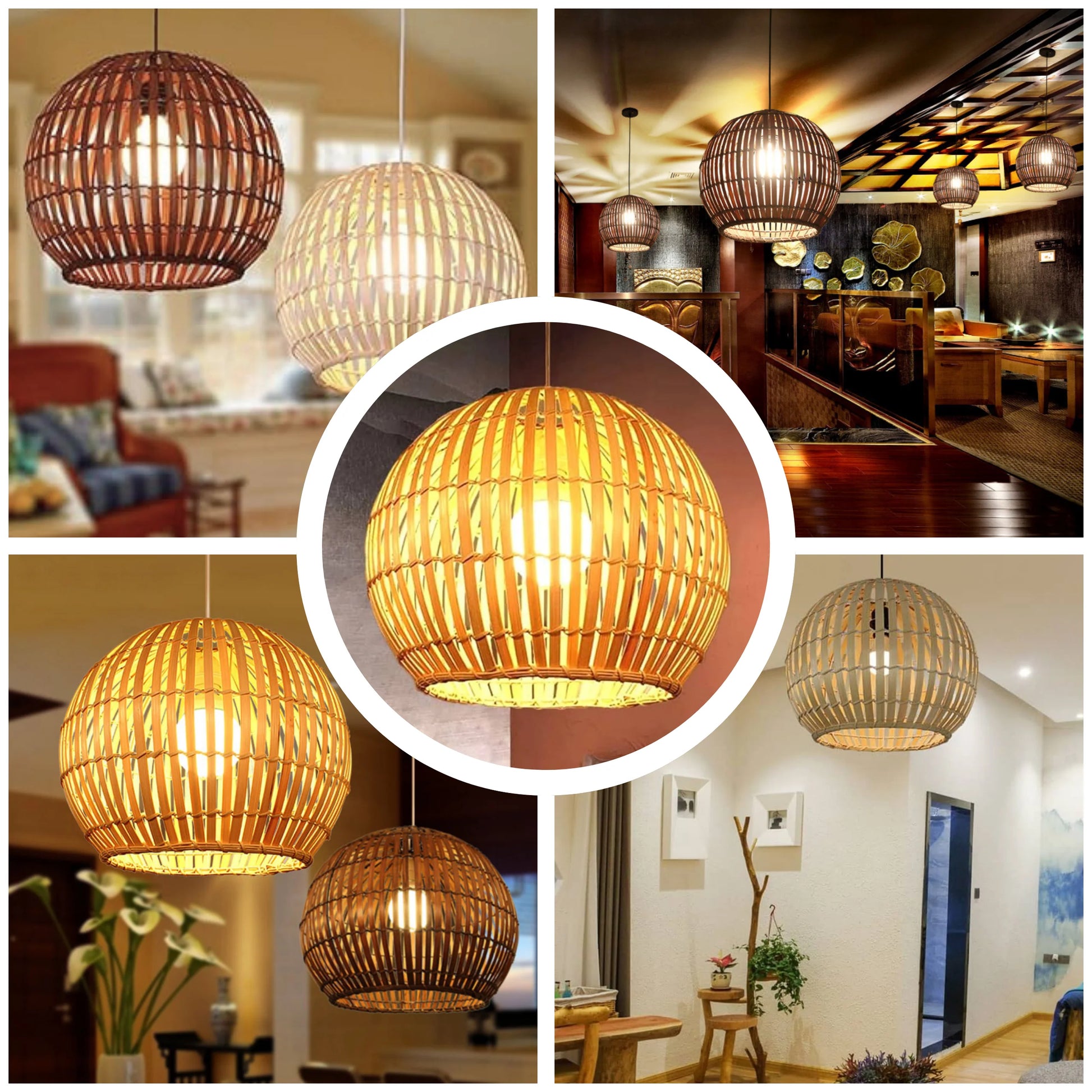 Organic woven bamboo sphere light fixture adding soft, textured lighting to any room