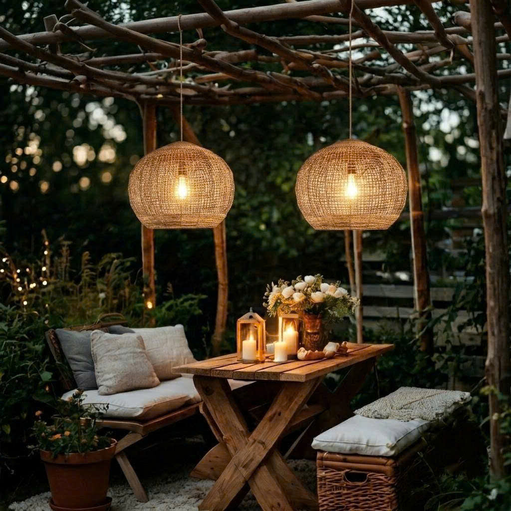 Handcrafted natural fiber rattan hanging lamp for a cozy covered garden patio