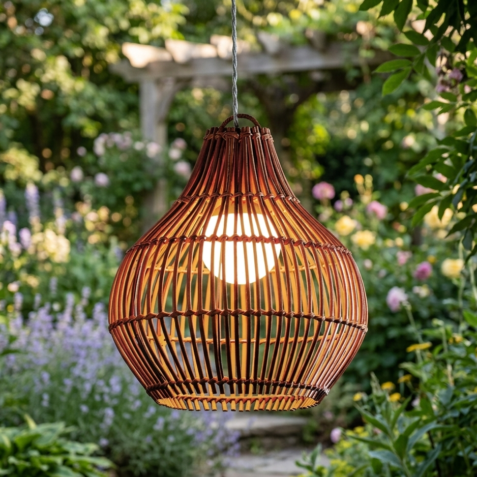 Handwoven rattan pendant light hanging in a lush outdoor garden setting