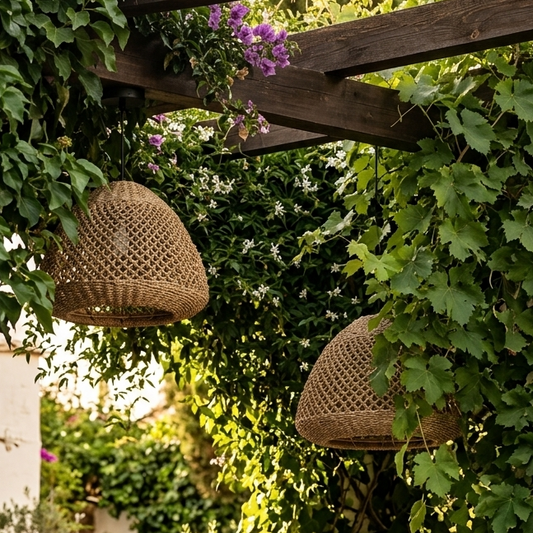 Robust jute pendant light suitable for a modern garden patio or covered outdoor space.