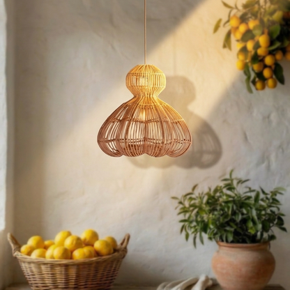 Robust rattan pendant light suitable for a modern garden patio or covered outdoor space.