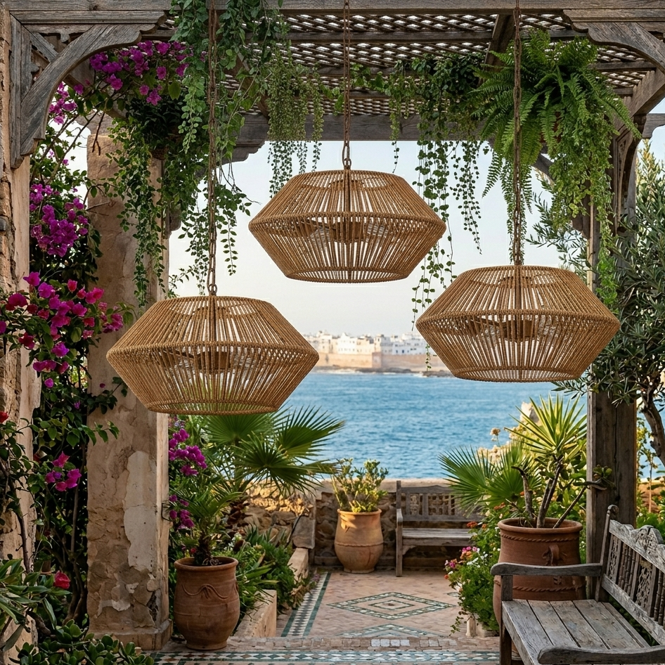 Robust woven rope ceiling light suitable for a modern garden patio or covered outdoor space.