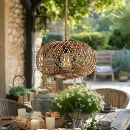 Robust wire cage ceiling light suitable for a modern garden porch or covered outdoor space.