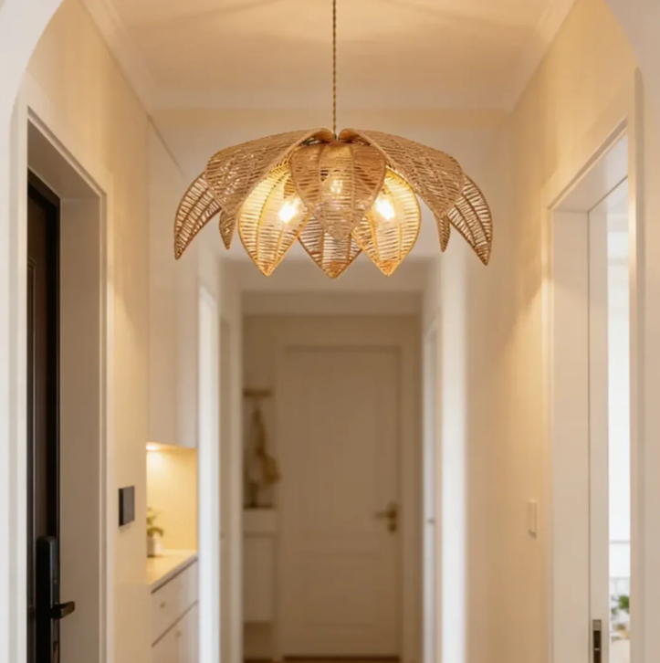 Pendant light featuring Handmade Eco-friendly design, made with Natural Bamboo, perfect as Entryway lighting, providing warm ambient mood light.