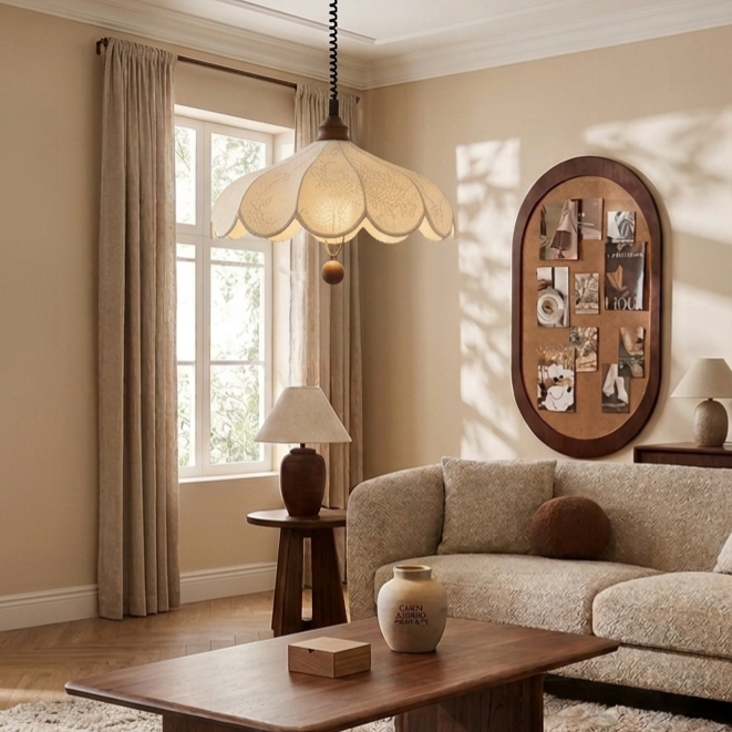 Pendant light in Handmade Natural style, featuring Wood Mix Cloth material, ideal for Living room decor, providing ambient and task lighting.