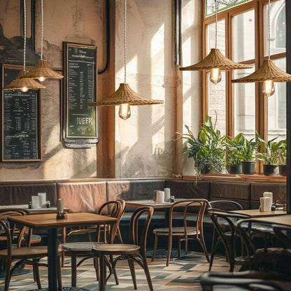 A sculptural, hand-woven rattan pendant light providing ambient lighting and a sophisticated touch to a modern coffee shop or restaurant dining area.