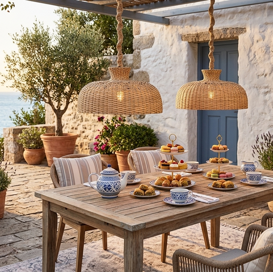 A beautiful hand-woven rattan pendant light bringing the breezy, relaxed feel of a Mediterranean beach house or coastal villa to your living space.