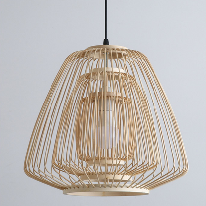Modern farmhouse pendant light in artisan bamboo tier, adding charm to a rustic garden room.