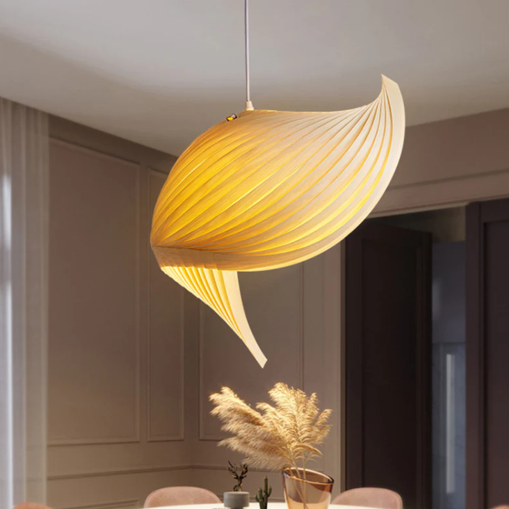 Pendant light in modern wood style, ideal for living room decor, providing ambient and accent lighting.