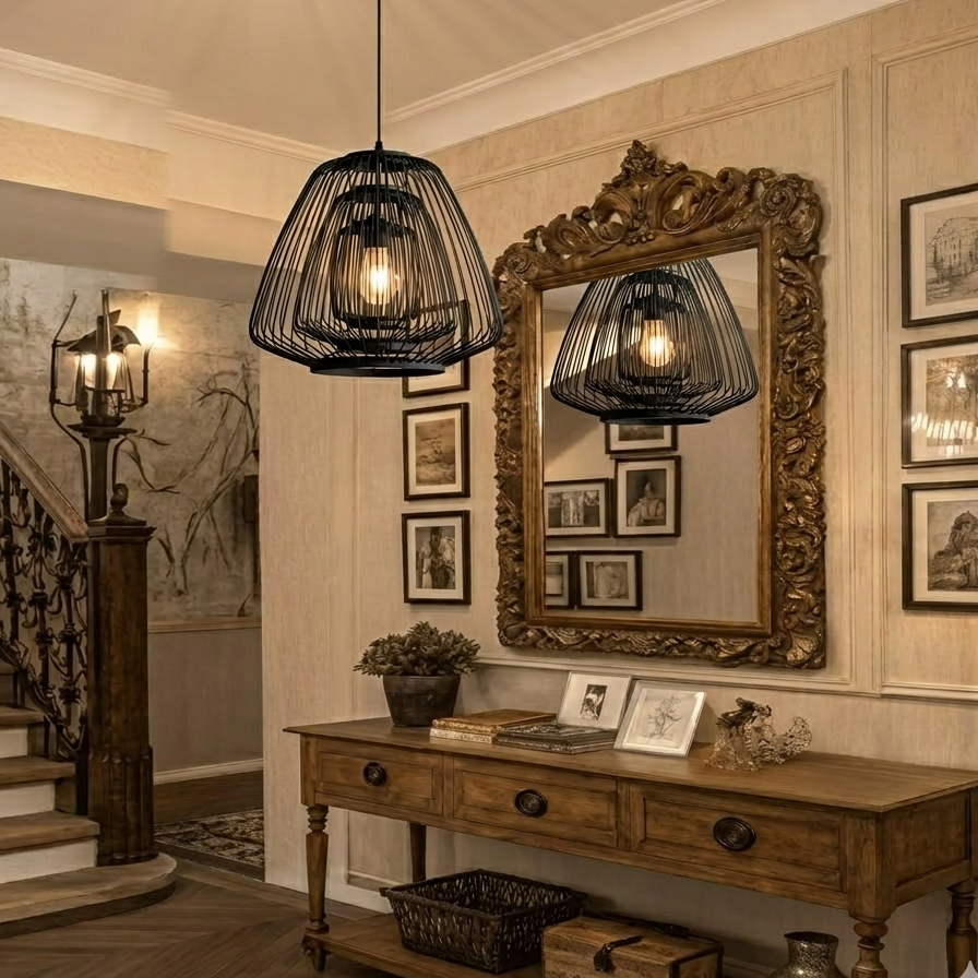 Nordic style pendant light in woven bamboo tier, acting as a warm entryway light.