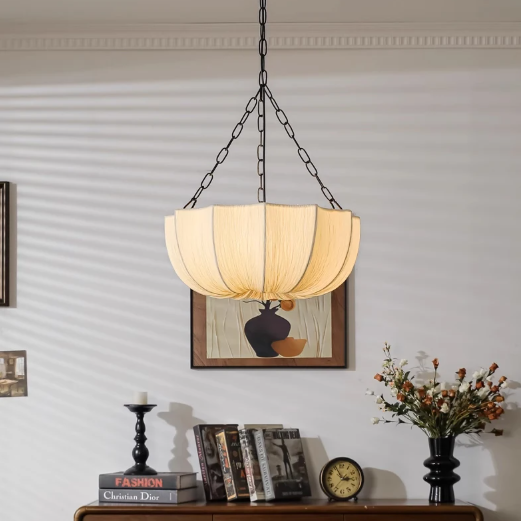 Pendant light with Organic modern aesthetic, made from Textile, ideal Living room lamp for ambient and task lighting.