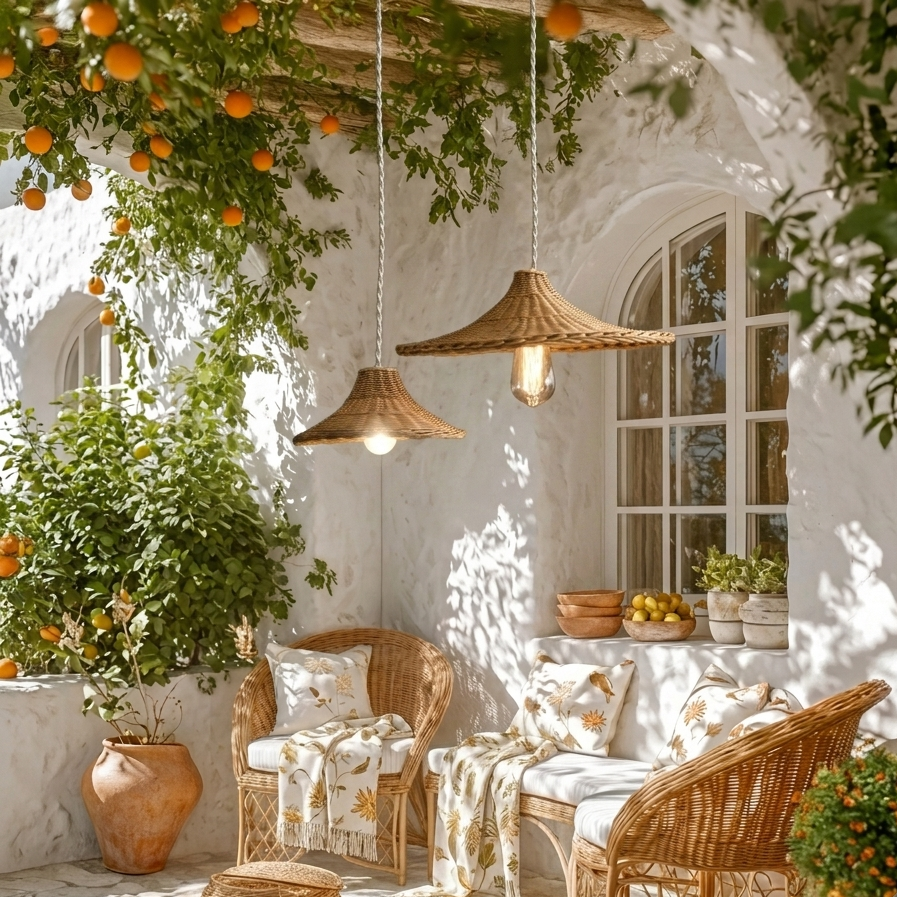 An ambient, sculptural woven rattan pendant light perfect for illuminating a rustic garden or farmhouse patio with a warm, natural glow.