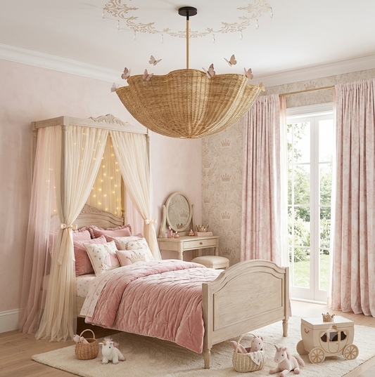 A gentle, hand-woven rattan shell pendant light providing soft, cozy ambient lighting for a child's nursery or kid's bedroom sanctuary.