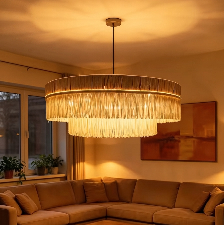 Pendant light in quiet luxury style, using quality Raffia, perfect for a cozy home atmosphere and sophisticated lighting.