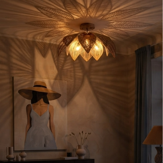 Pendant light in quiet luxury style, using quality rattan leaves, perfect for a cozy home atmosphere and sophisticated lighting.