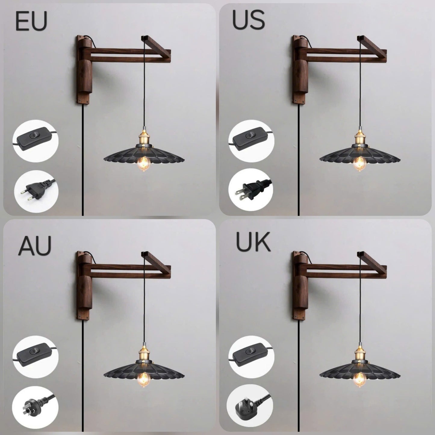 Four-panel comparison of a wall-mounted pendant light shown from different side angles, labeled EU, US, AU, and UK. The fixture has a dark brown angled wall bracket, a black scalloped metal shade, a warm glowing bulb, and inset circles showing the power switch and plug for each region.