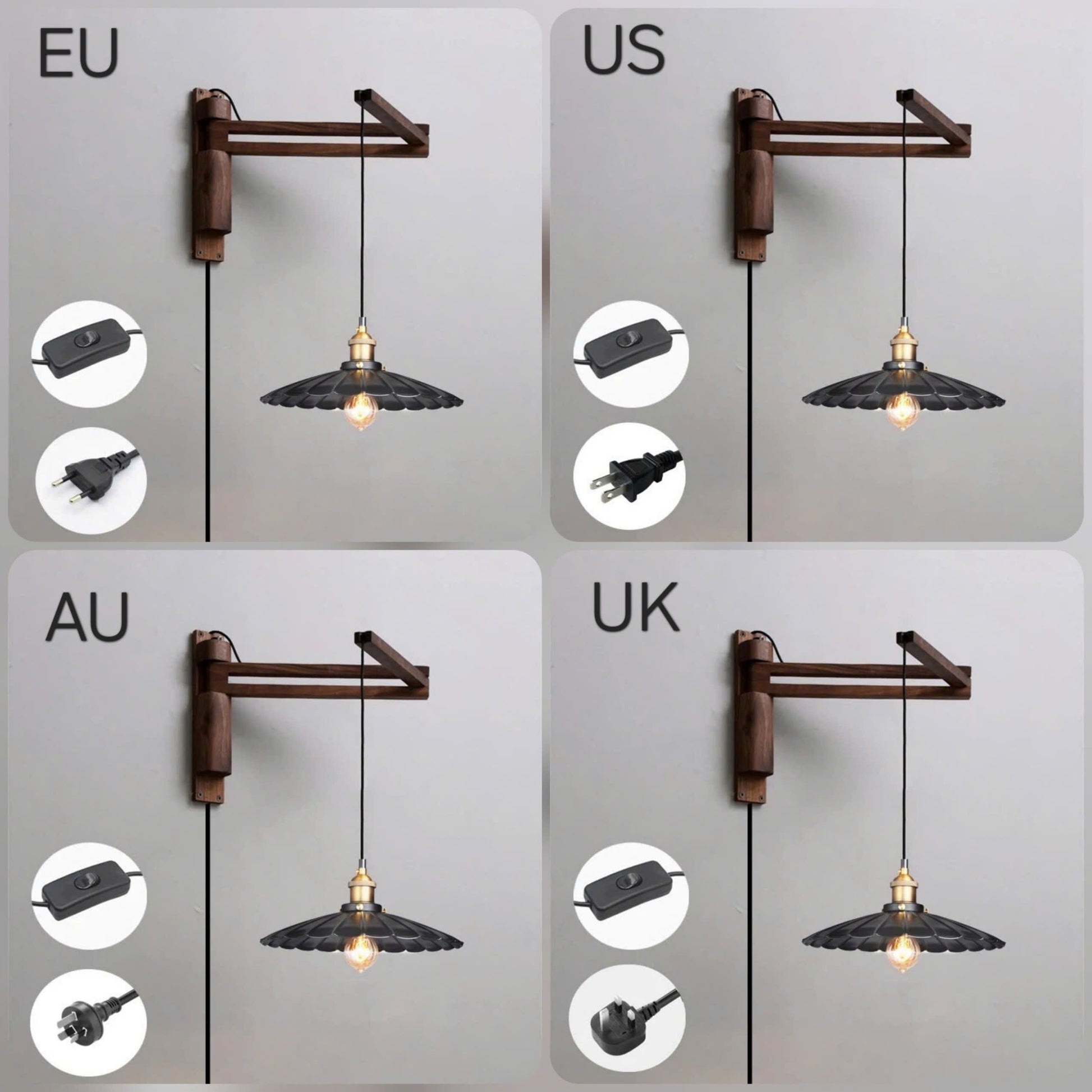 Four-panel comparison of a wall-mounted pendant light shown from different side angles, labeled EU, US, AU, and UK. The fixture has a dark brown angled wall bracket, a black scalloped metal shade, a warm glowing bulb, and inset circles showing the power switch and plug for each region.