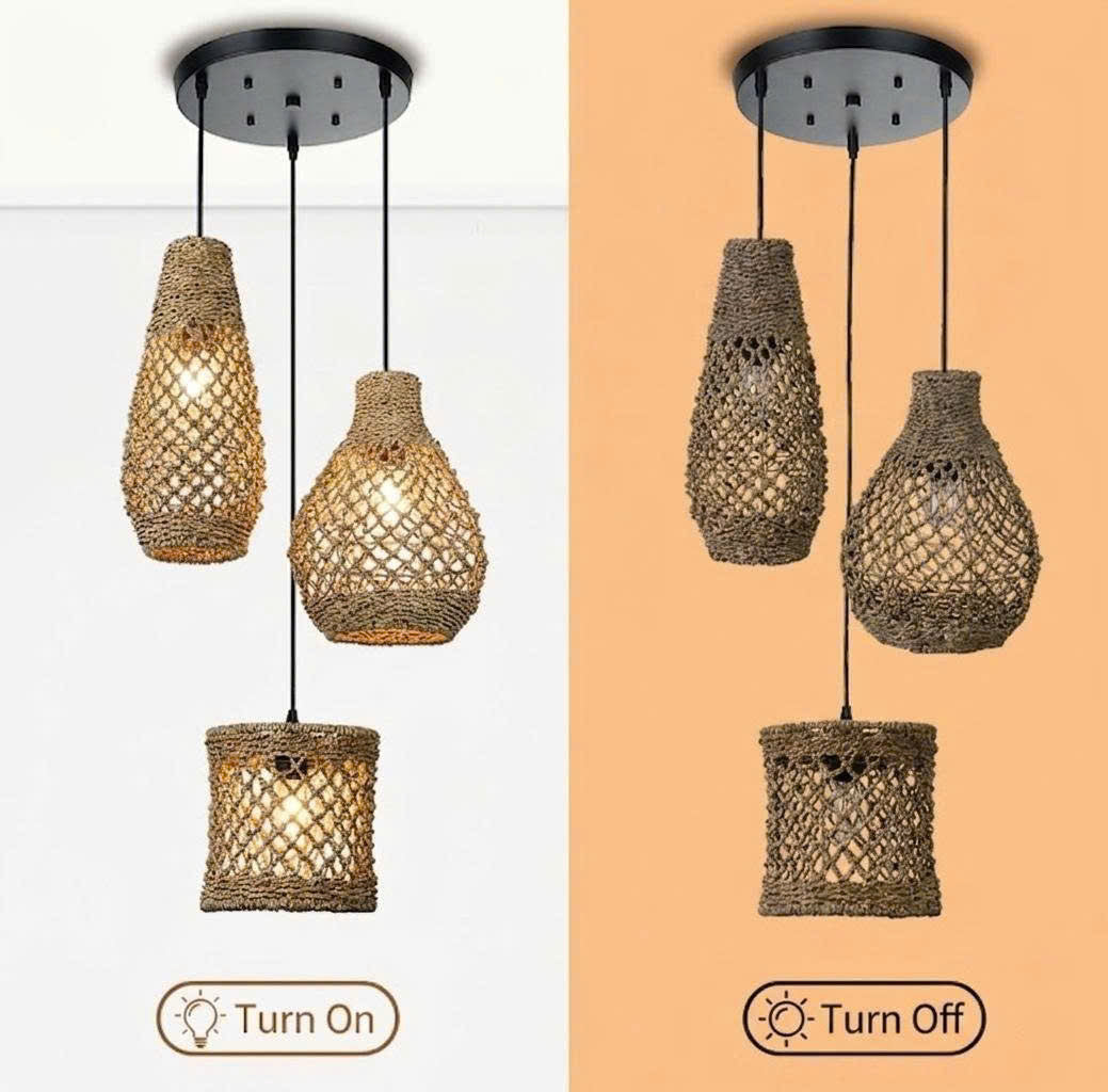 Premium braided jute cluster chandelier, highlighting the raw and organic beauty of sustainable jute material.