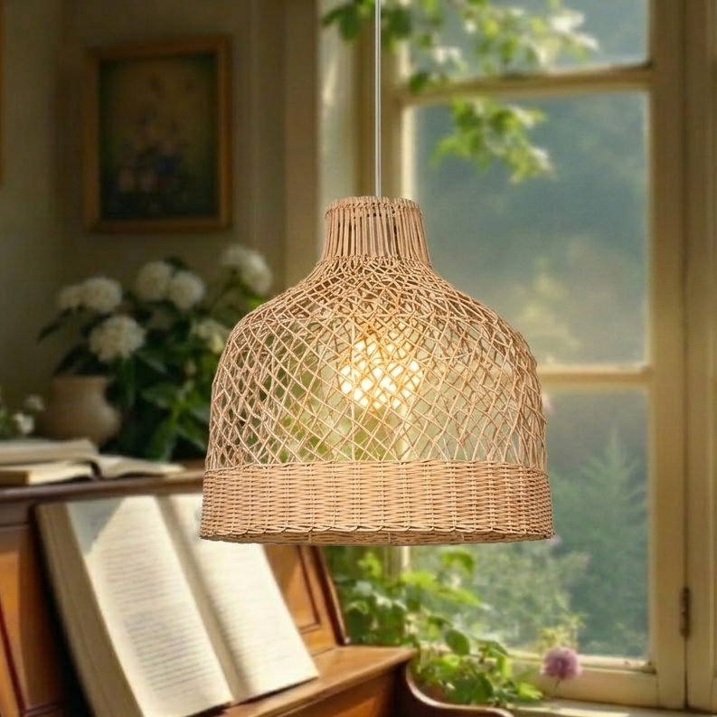 Premium braided rattan basket-style pendant light showcasing high-quality natural fiber texture.