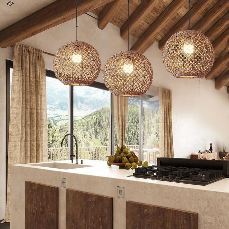 Handwoven high-quality jute pendant light illuminating a modern kitchen island