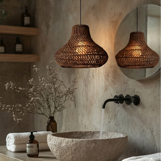 Premium rattan basket-style bell pendant light showcasing high-quality natural texture.