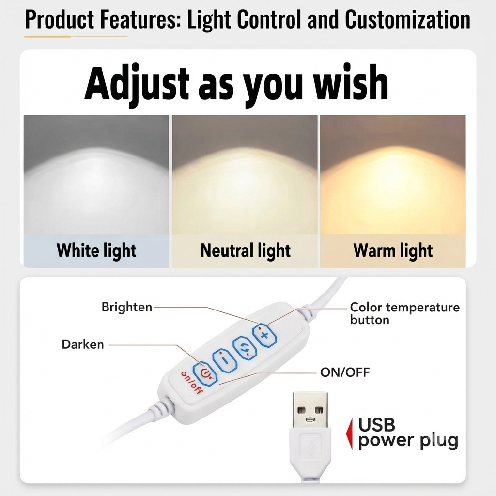 Product features graphic for a USB light control cable, showing three light color modes labeled White light, Neutral light, and Warm light, plus a close-up of the white control module with buttons and a USB plug.