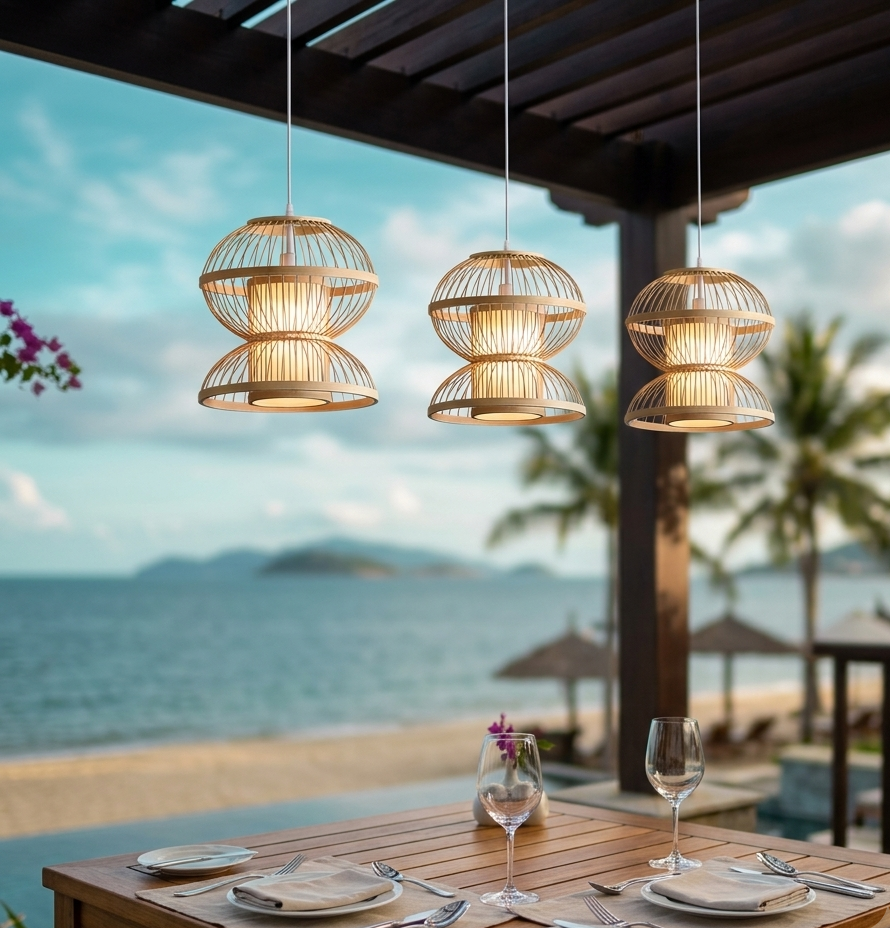 Sophisticated quiet luxury hanging lamp, bamboo weave for a Resort 