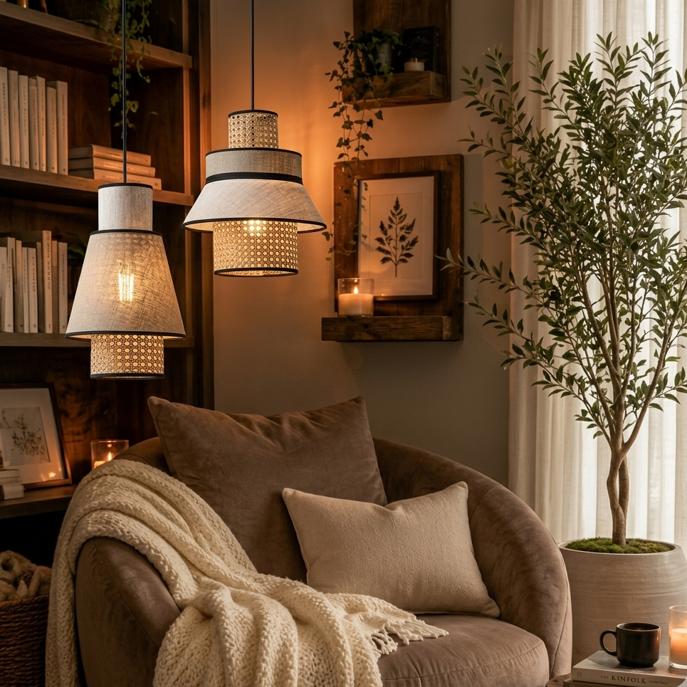 A Quiet Luxury inspired hand-woven rattan and linen pendant, featuring understated elegance and refined organic texture.