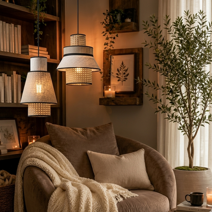 A Quiet Luxury inspired hand-woven rattan and linen pendant, featuring understated elegance and refined organic texture.