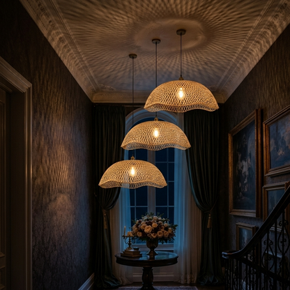 Sophisticated quiet luxury hanging lamp, bamboo weave for a Mediterranean cozy home feel.